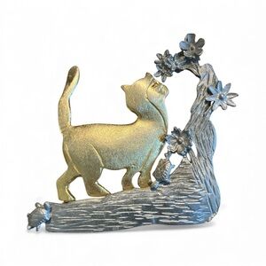 Vintage 80s Whimsical Ultra Craft Mixed Metals Cat on Log with Turtles Brooch